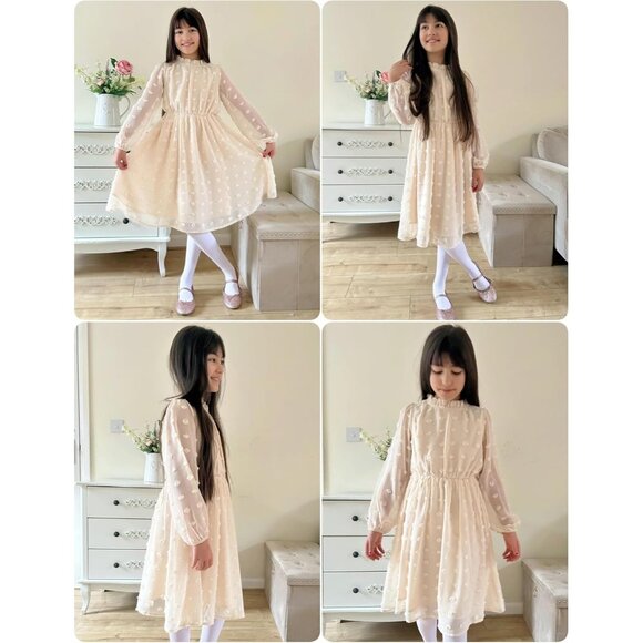 Girls Beige A-line Midi Dress with Ruffle Collar & Flared Sleeves - Sizes 5-13 - Picture 2 of 8